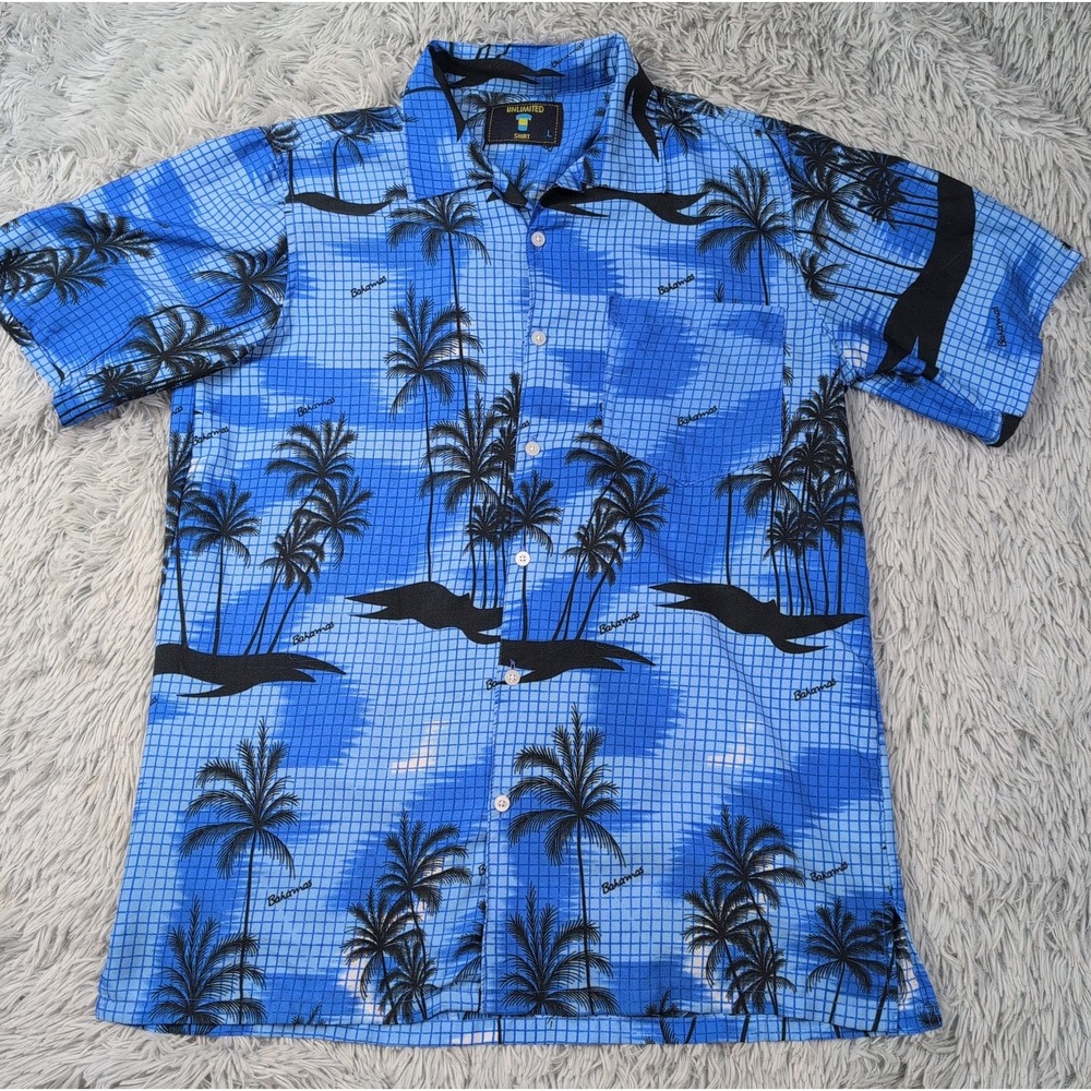 Unlimited Shirt Mens L Blue Button Up Beach Tropical Vacay Comfort Bahamas